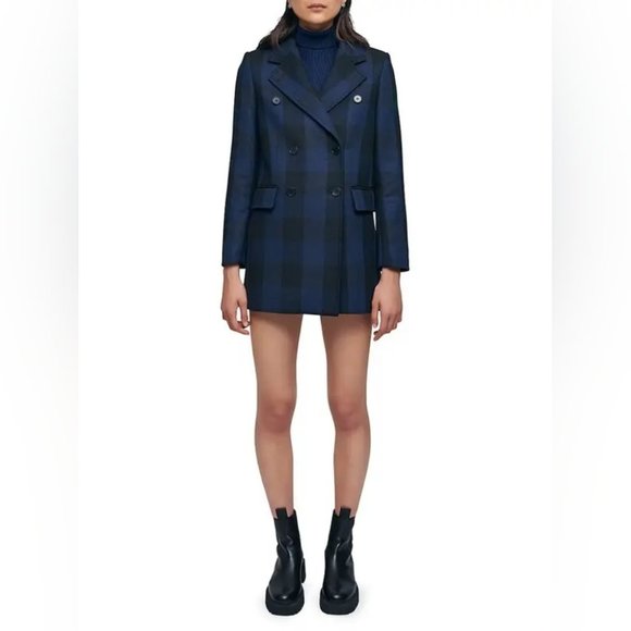 MAJE Goldan Coat Tailored Plaid Oversized Double Breasted Blazer Blue Black Wool - Picture 12 of 16